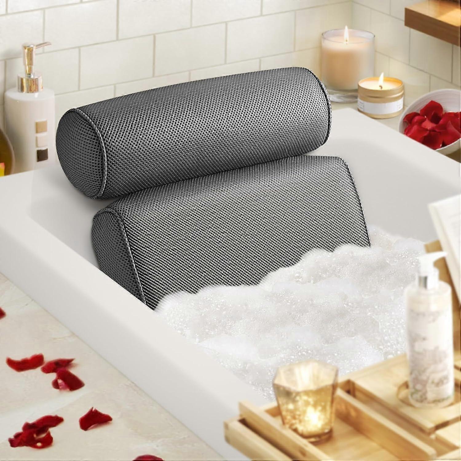 Bath Pillow with Six Secure Suction Cups, Quick Dry Mesh, Ergonomic Neck and Back Support, Grey