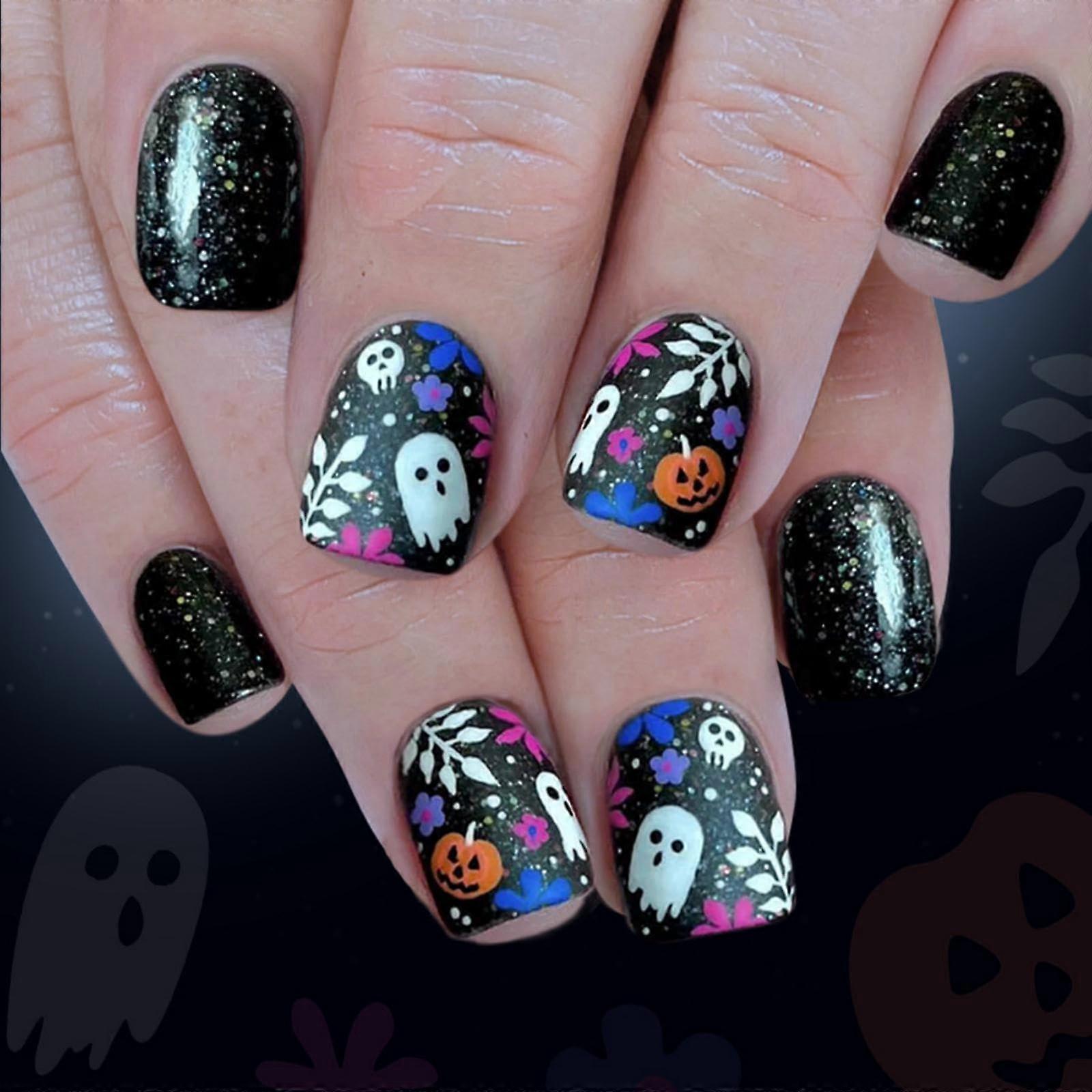 Halloween Press On Nails Short Square Black Glitter Ghost Pumpkin Design Reusable 24Pcs Set