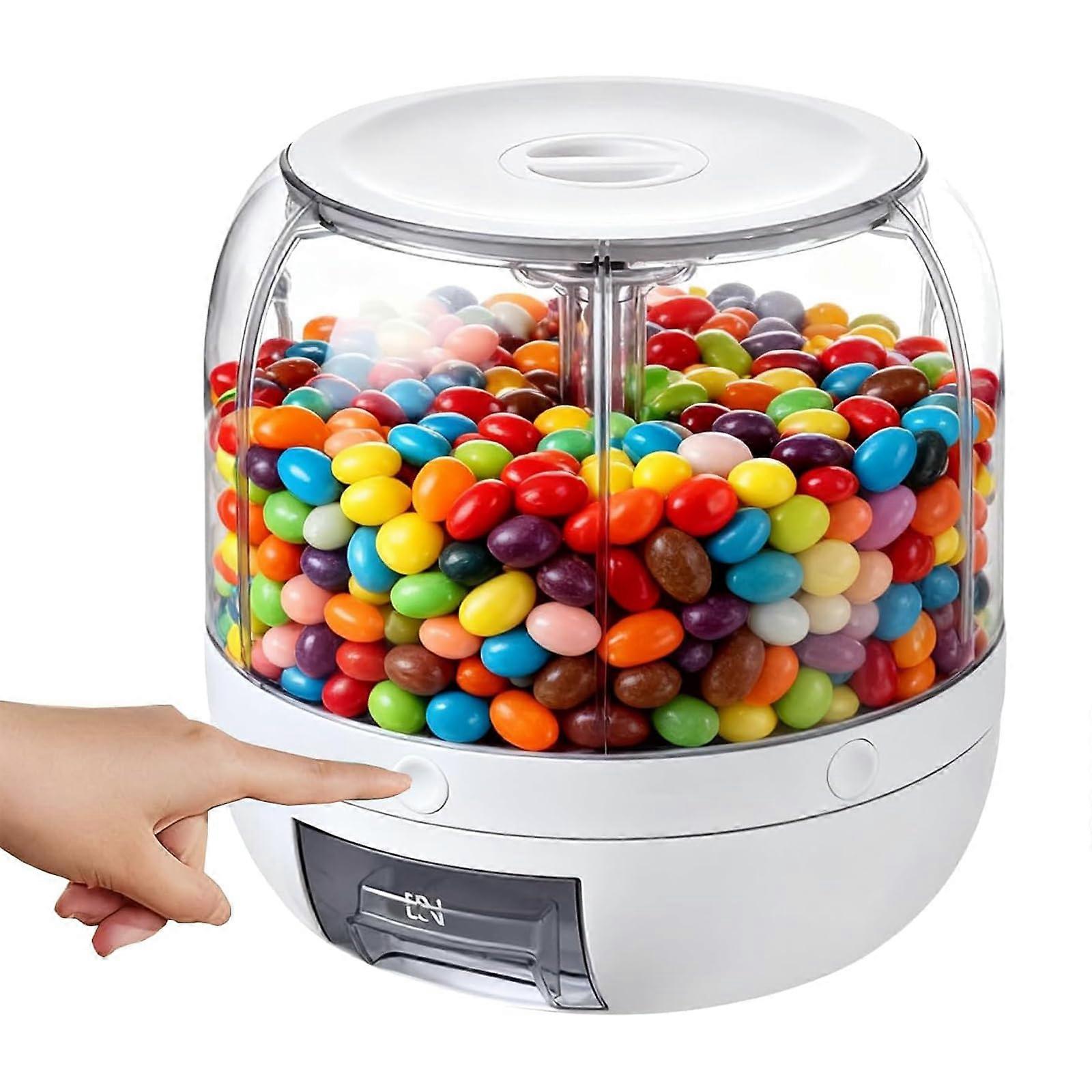 360 Degree Rotating Candy Dispenser with Six Compartments, Large Clear Snack Organizer White