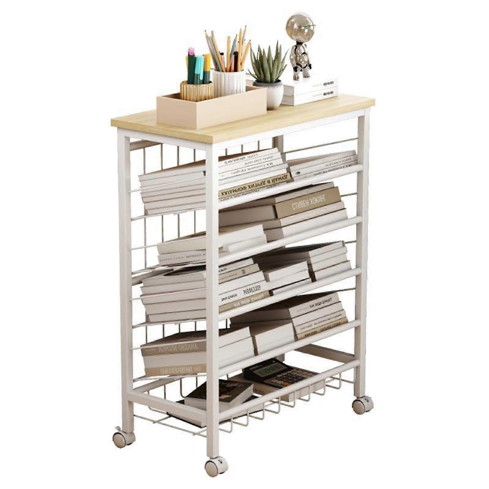 5 Tier Rolling Book Cart with Lockable Casters, White Mobile Storage Shelf for Office Dorm Classroom