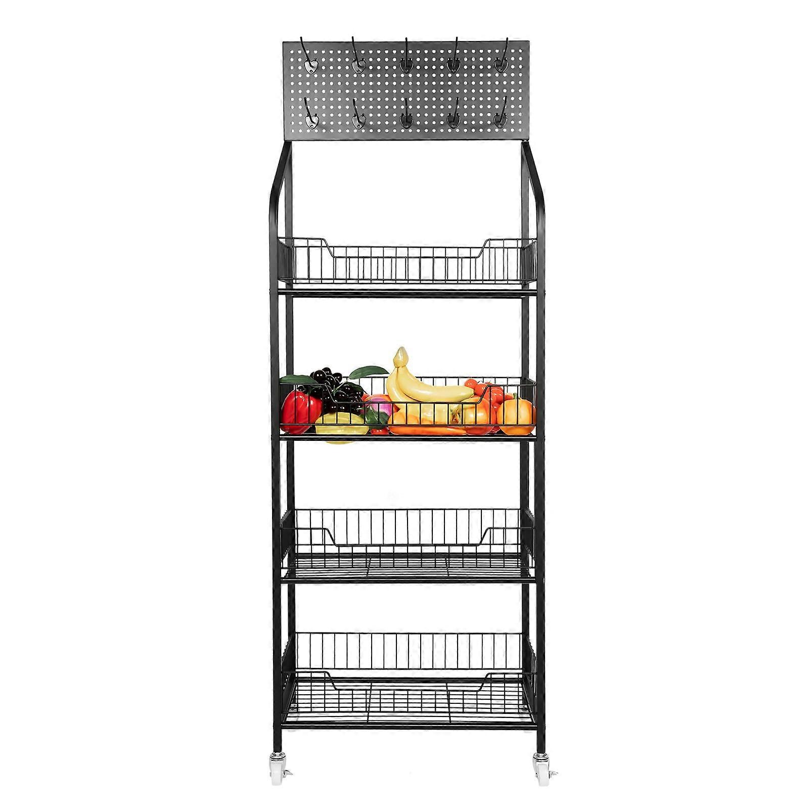 4 Tier Metal Snack Display Rack with Adjustable Baskets, Lockable Wheels, Hook Board for Retail Store