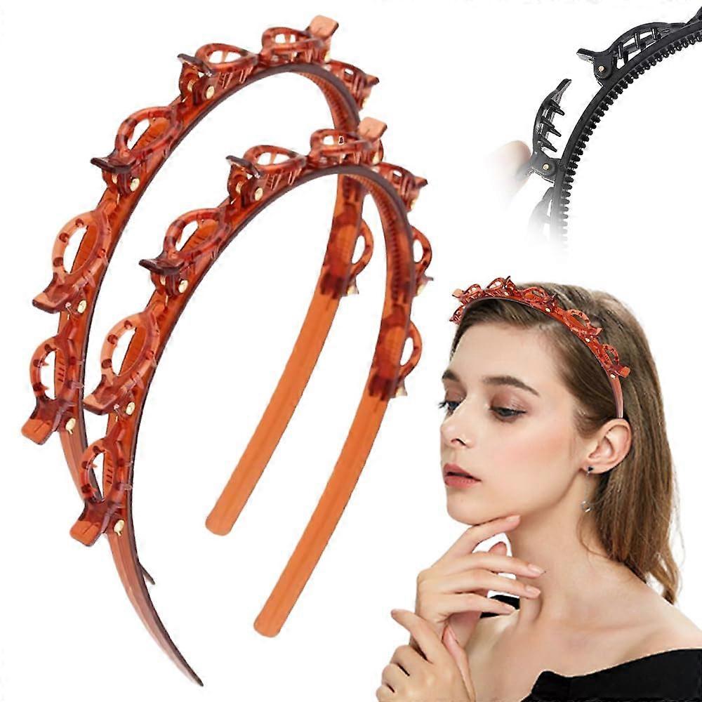 Braided Headband with Clips for Bangs and Braids, Brown 2pcs, Secure MultiTooth Grip