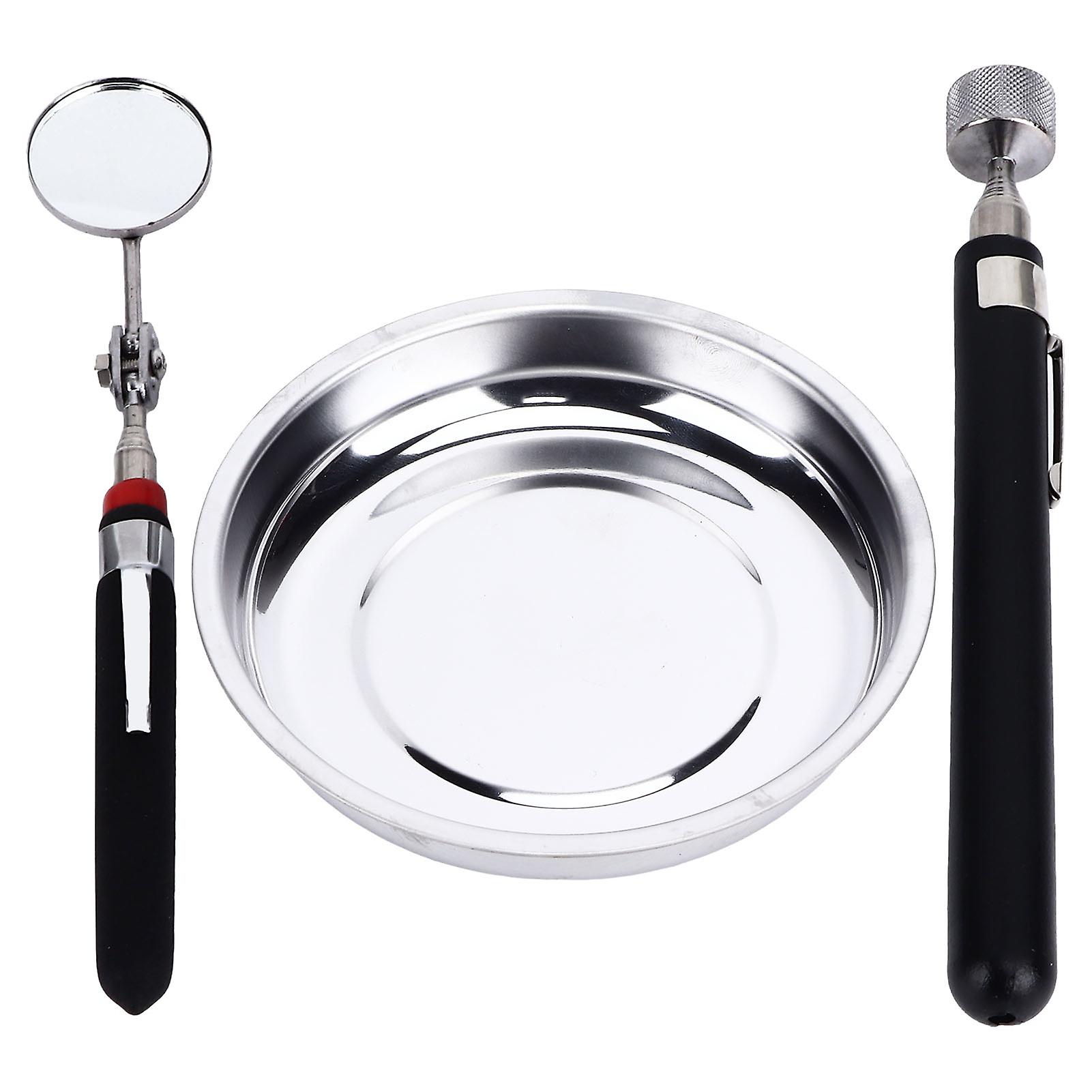 Round Stainless Steel Magnetic Tray with Pick-up Tool and Telescopic Mirror for Garage