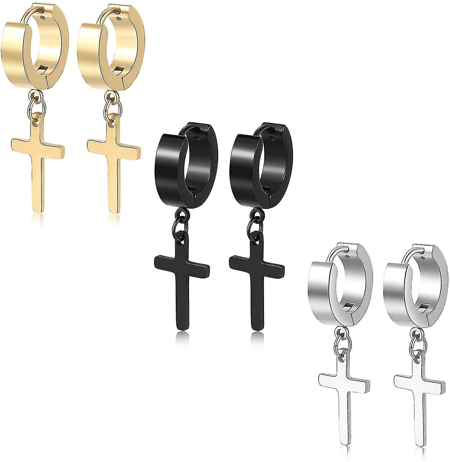 3 Pair Cross Earrings Drape Hinged Men's Earrings