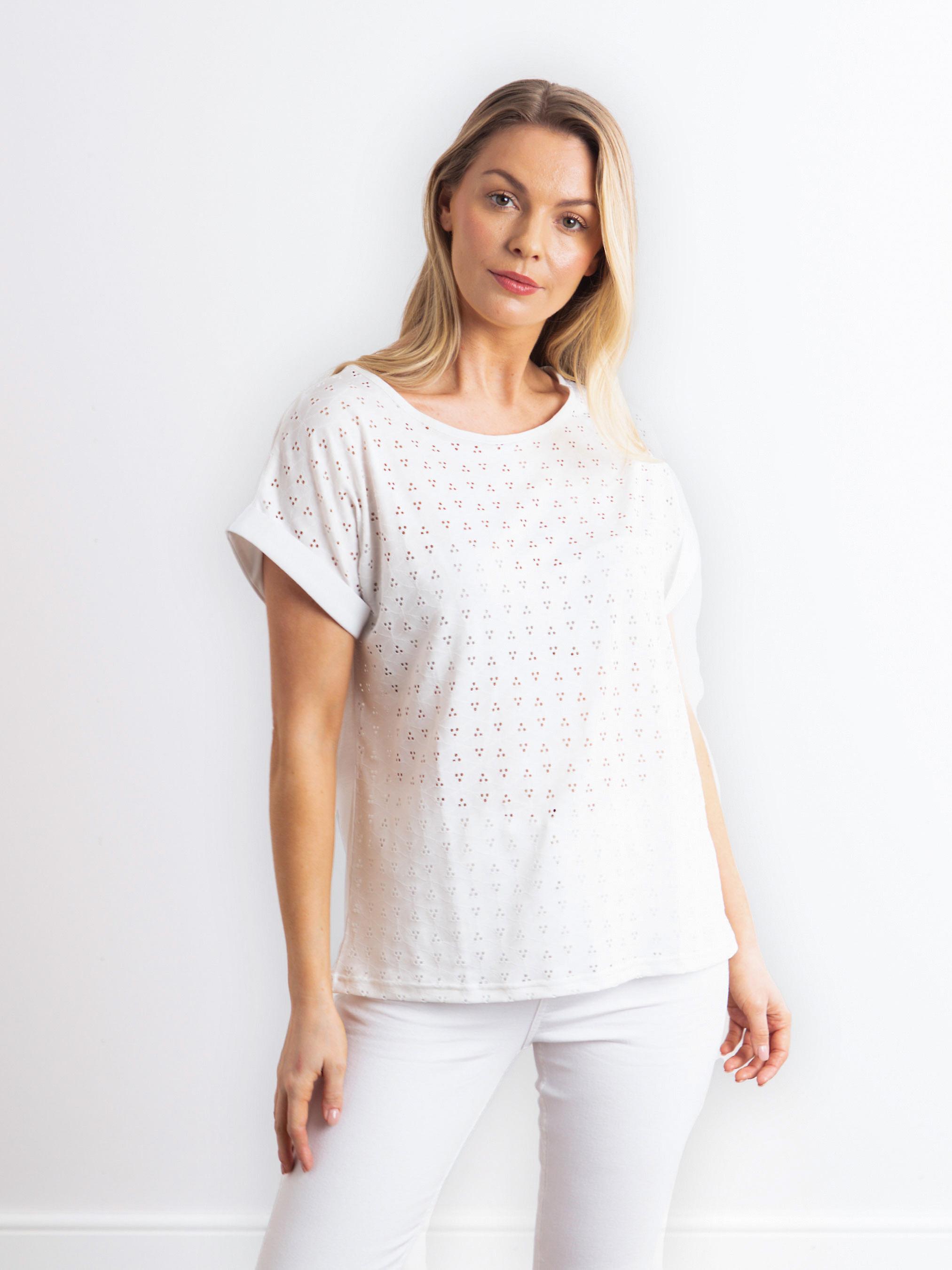 Cici Pointelle Short Sleeve Blouse in White