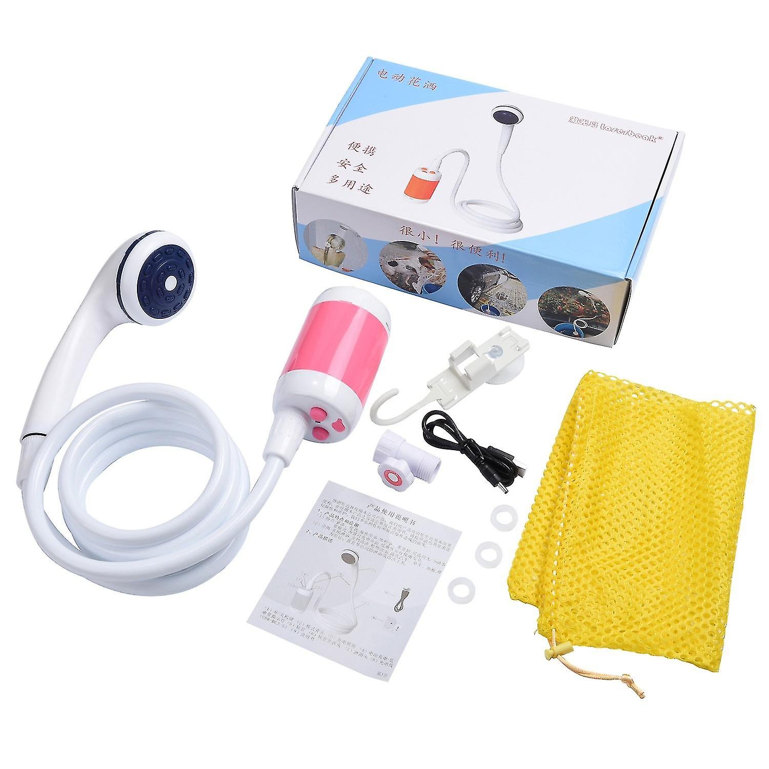 Portable camping shower with shut-off valve shower head and built-in 4800 mAh battery, pink