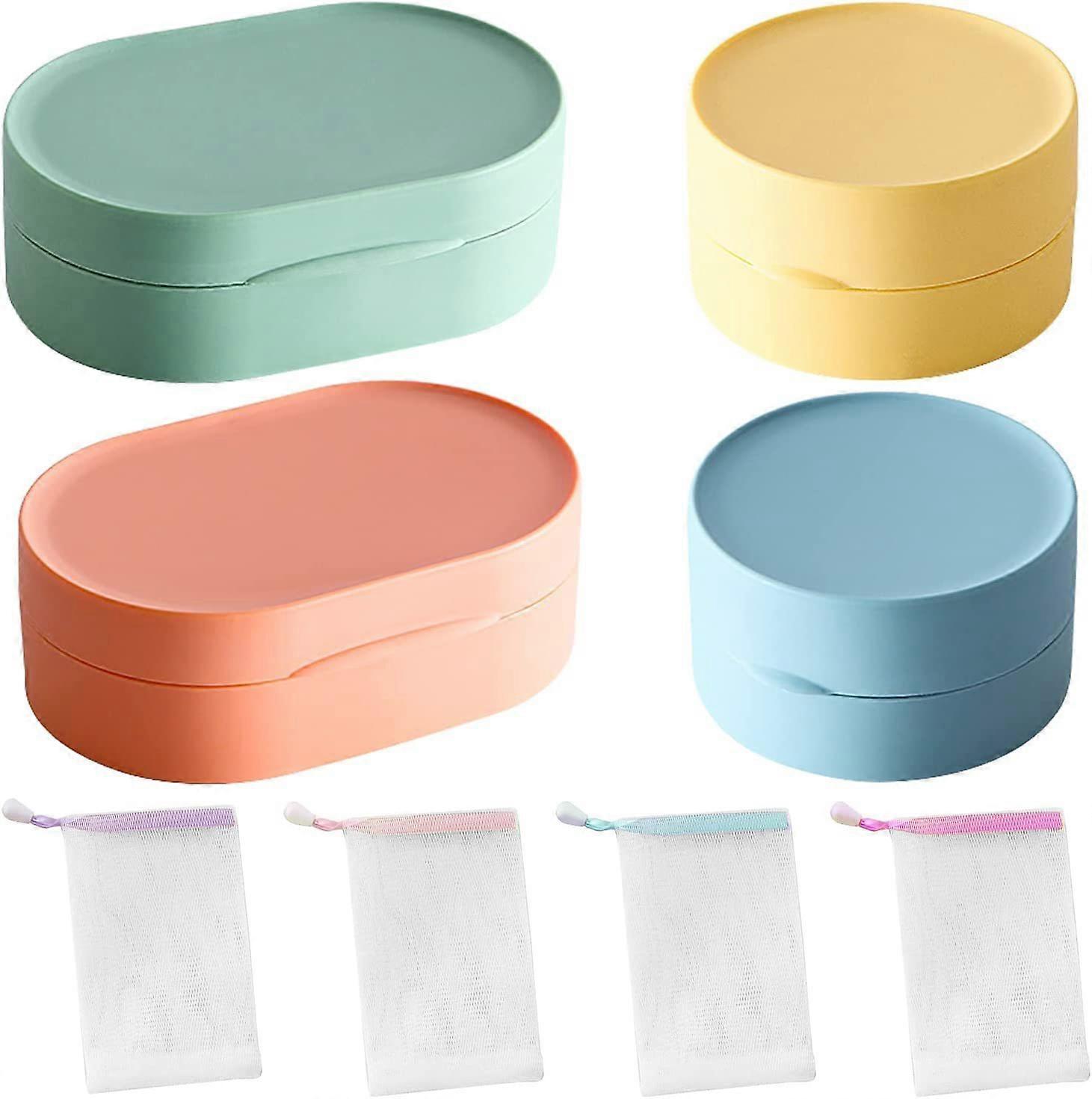 Portable Oval and Round Soap Box 4 Piece Set with 4 Foam Mesh Plastic Material Suitable for Home Travel