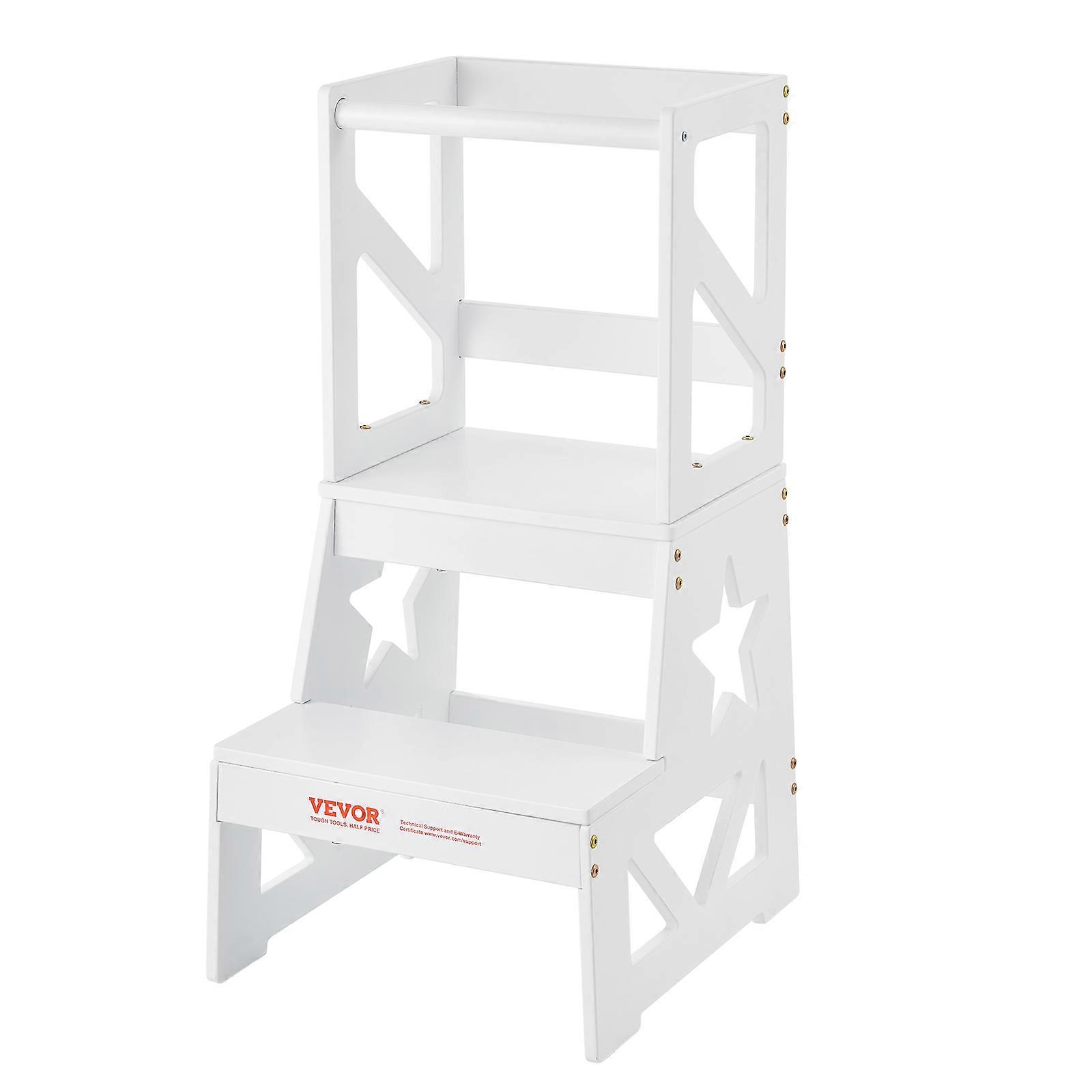 Toddler Step Stool, Natural Pine Wood Kids Kitchen Stool Helper with Safety Rail, Standing Tower Learning Stool