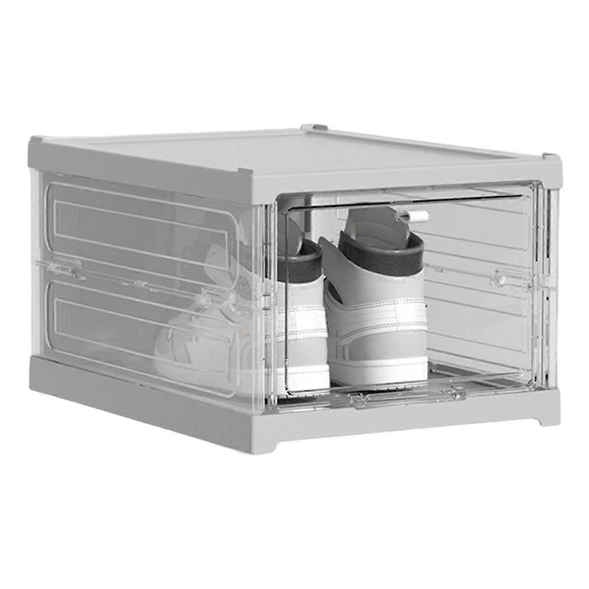 Foldable Integrated Shoe Box Organizer and Storage Boxes Cabinet Transparent Visible Installation Free Rack,Grey