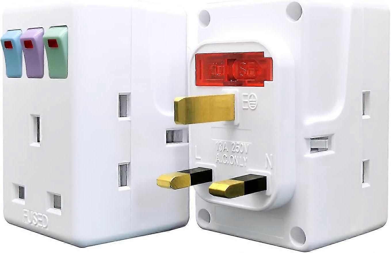 3 Way Plug Adaptor Protection Socket, With Independent Switches, 13a Uk 3 Pin Switched Socket Extensions Adapter With Safty Door Power Extender For Ho