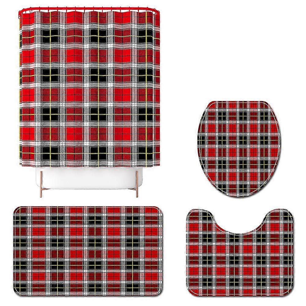 Mng Black And Red Lattice Shower Curtain And Mat Set