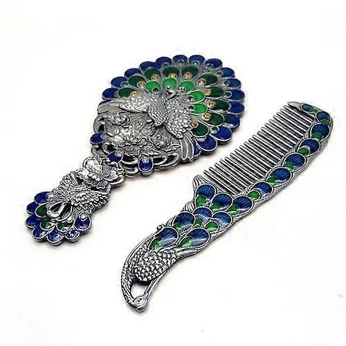 Vintage Handle Peacock Mirror Gift Box Comb Two-piece Portable Makeup Mirror