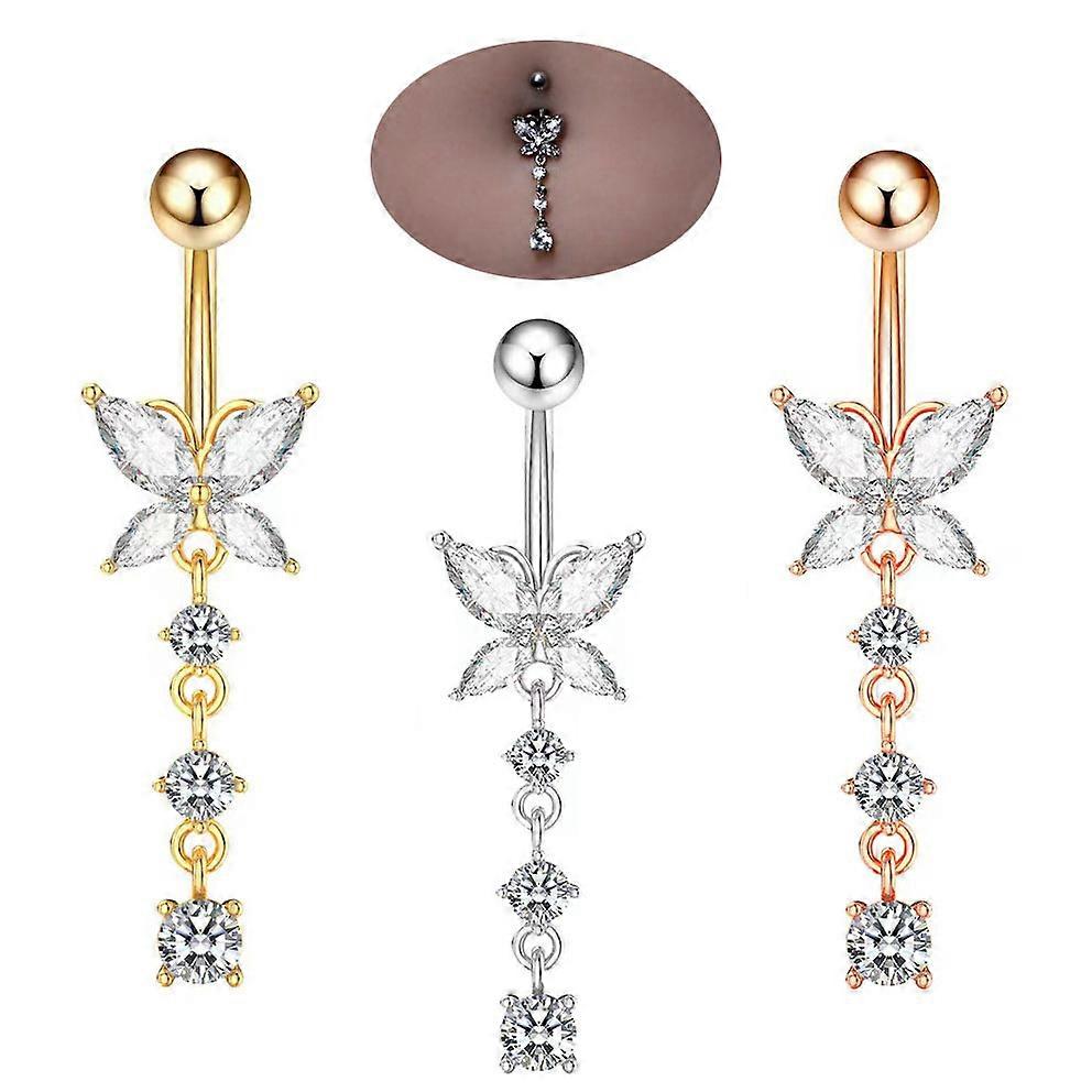 3 Pcs Women's Belly Button Piercing Butterfly Pendant Surgical Steel Silver Belly Piercing
