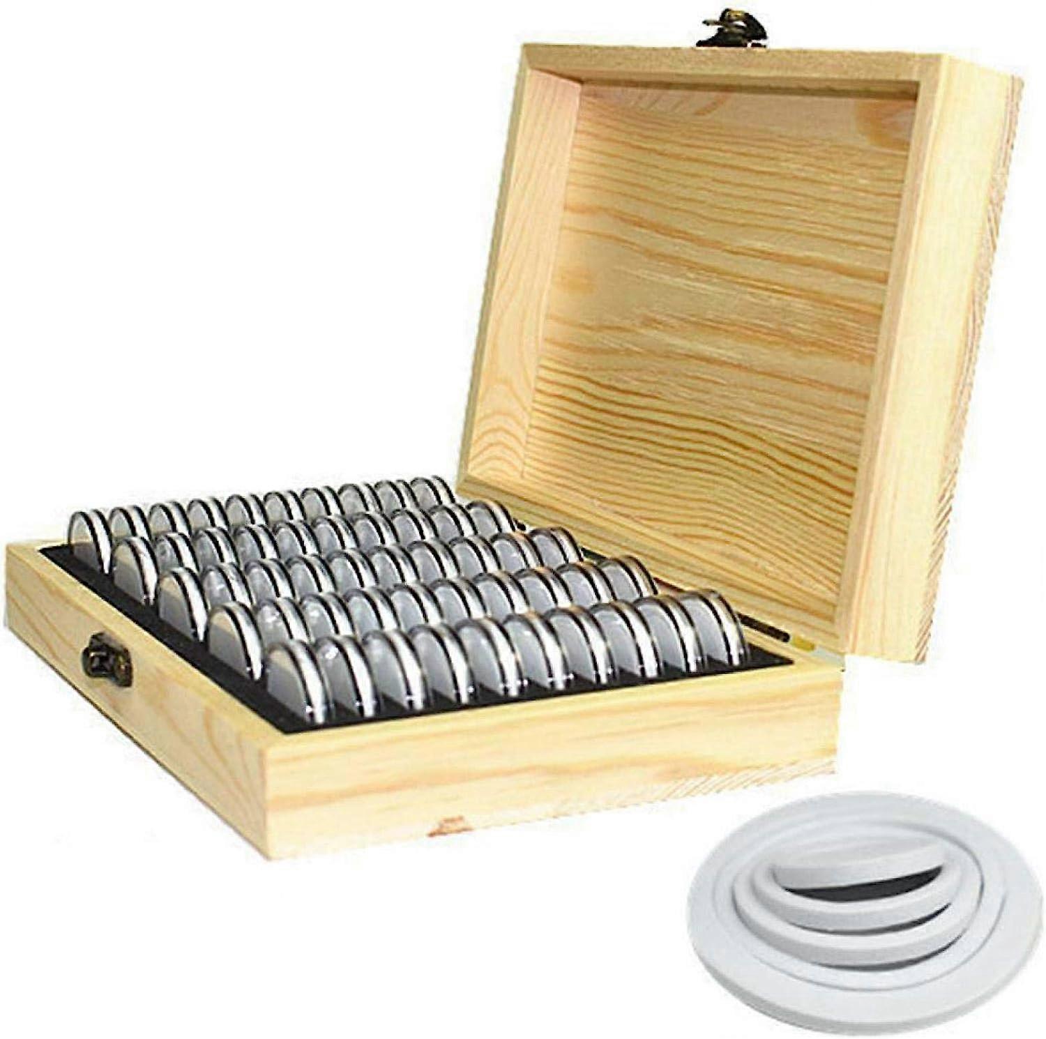 Maifa Coin Storage Box, 50/100PCS Wooden Coin Holder Case with Round Coin Capsules Plastic Coin Organizer Coin Protection Box for Coin Collectors 18mm