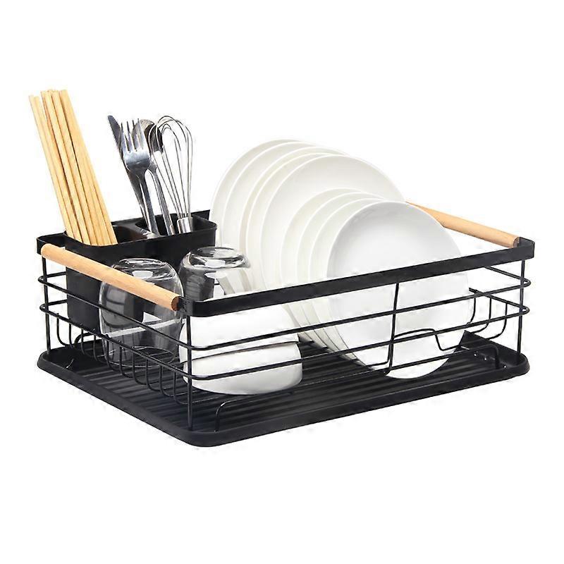Dish Drainer Rack with Removable Drip Tray, Metal Kitchen Dish Drying Rack Organiser with Wooden Handles, Dish Rack