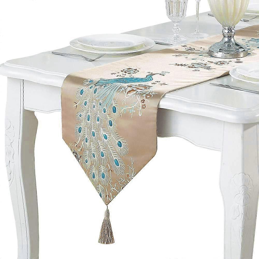Embroidery Peacock Table Runners with Tassel 13 x 83 Inches Non Slip Rectangle Table Runner(Coffee)