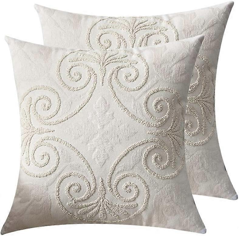2コットンリネン刺繍装飾スロー枕カバーソファ寝室用枕カバー幾何学的な花柄クッションカバー18x18インチ