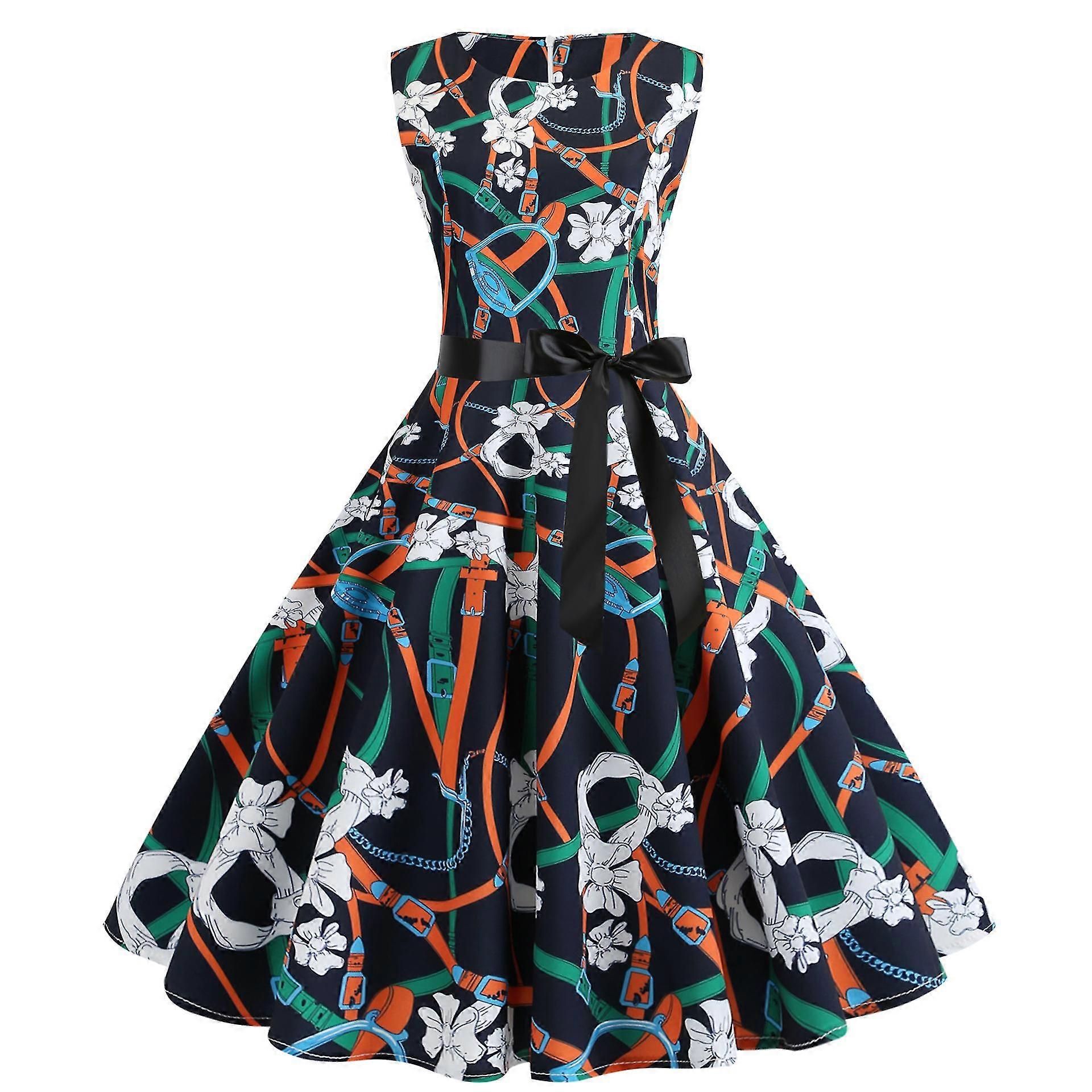 المرأة اللباس خمر هيبورن نمط الخصر القشط المطبوعة ماكسي اللباس إرسال الشريط