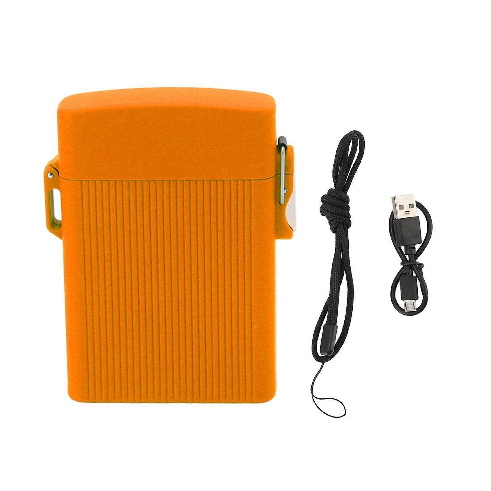 Full Pack 16 Cigarettes Case USB Rechargeable Windproof Flameless Cigarettes Lighter Case Waterproof Cigarette Box with Lanyard Orange