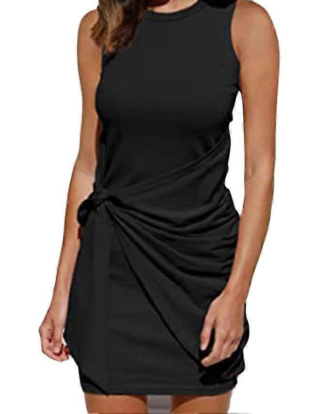 Ärmelloses einfarbiges Patchwork-Rundhalskleid für Damen