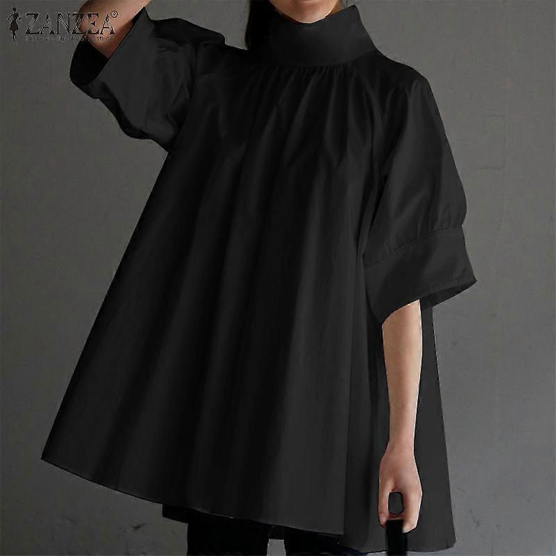 ZANZEA Women High Neck Half Sleeve Solid Casual Oversized Irregular Blouse