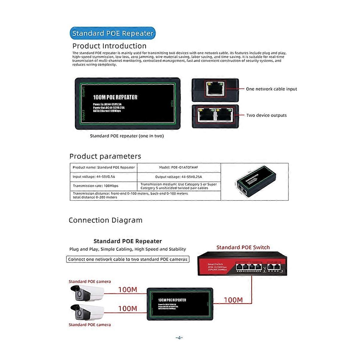 POE Extender 2 Port 1000Mbps POE Repeater with IEEE 802.3Af Standard Giga100 Meters POE Extend for