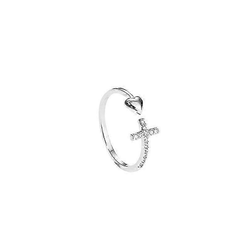 Silver Heart-shaped Cross Ring With Open Heart And Diamonds