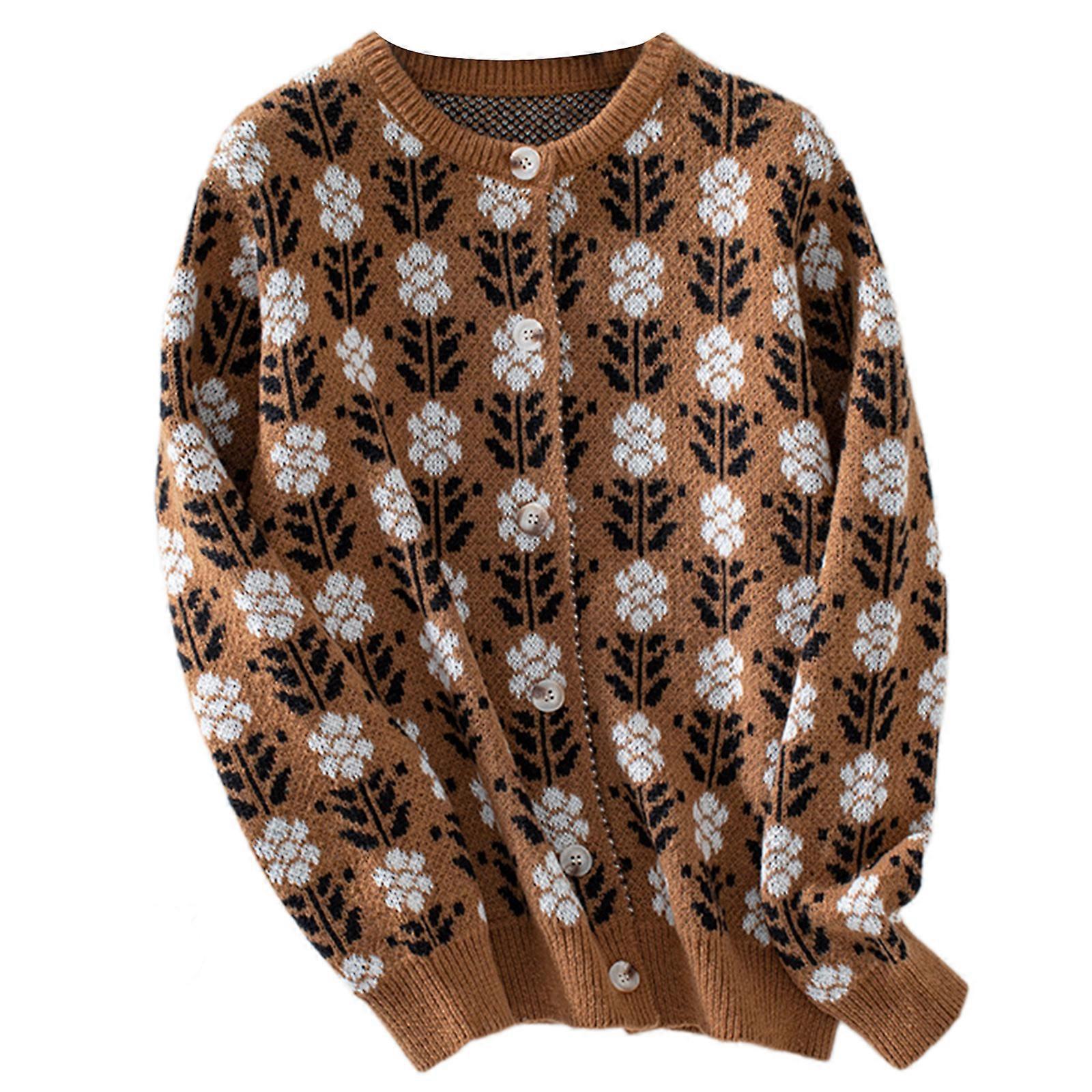 Crew Neck Düğme Aşağı Triko Kardigan Uzun Kollu Çiçekli Jakarlı Tek Göğüslü Dış Giyim Kazak Ceket Kadınlar için ts1 XL