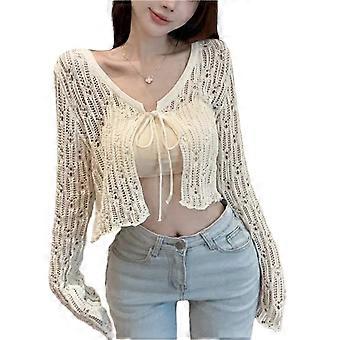 Womens Casual Lightweight Coat Hollow Out Long Sleeve Jackets Suits Work Office Jackets Cardigan Streetwear  White