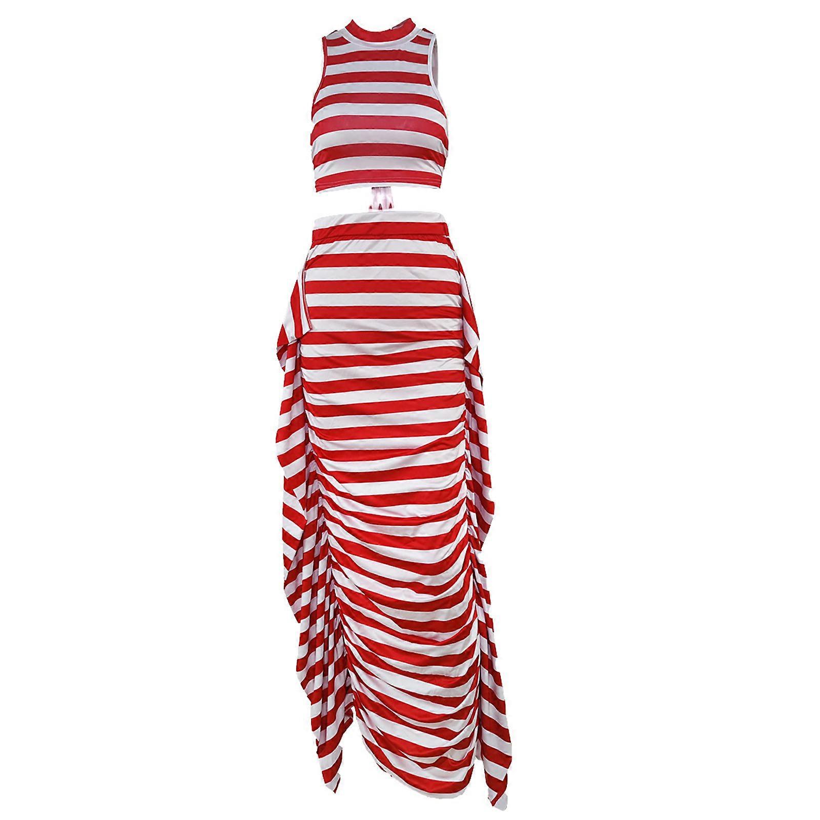 Femmes Sexy Deux Pièces Jupe Tenues Col Rond Sans Manches Débardeurs Crop Tops et Jupe Moulante Rayé Maxi Robe Ensemble Rouge XL