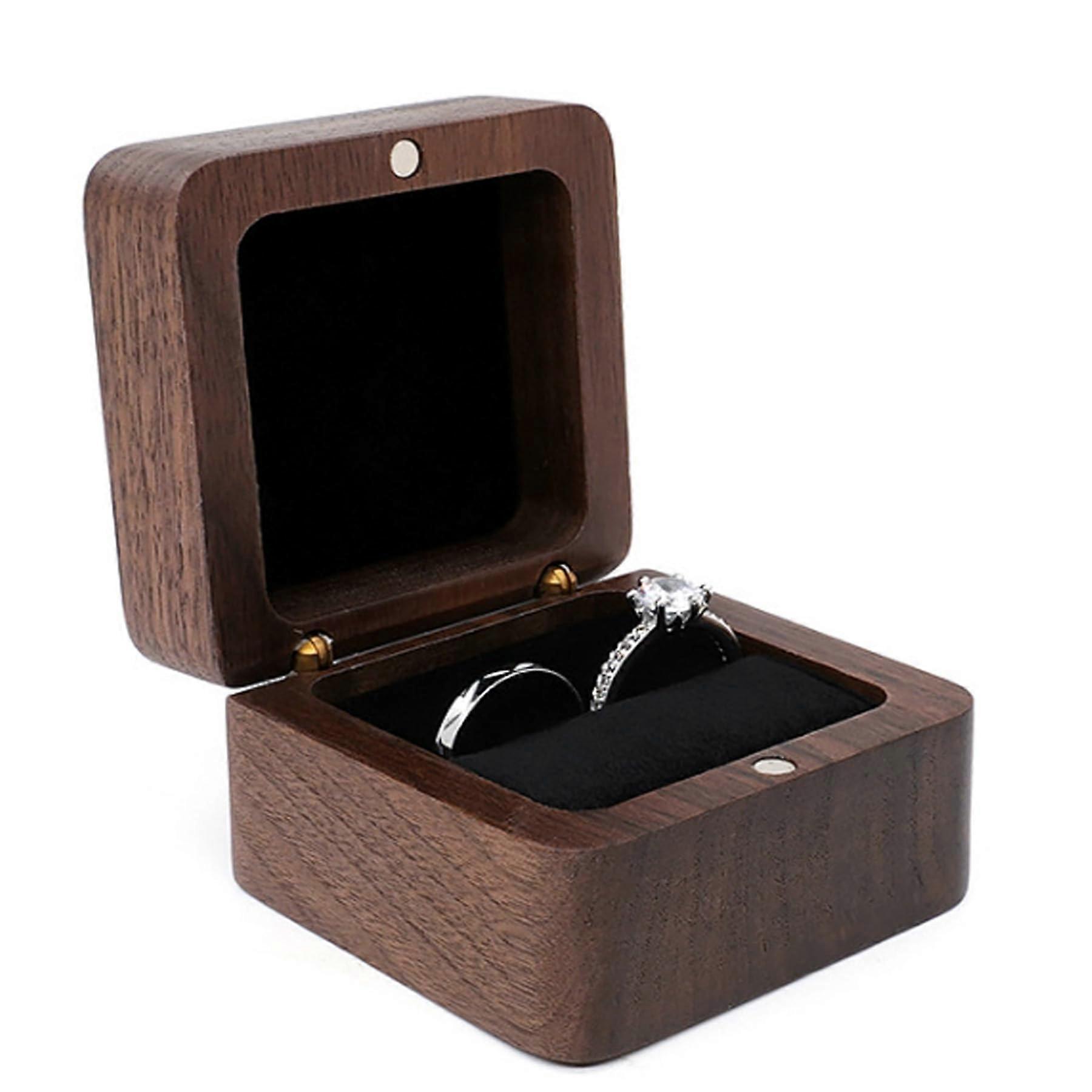 Wooden Retro Mini Square Ring Box for Wedding Proposal Single Slot, Small Size, Classic Design, Natural Finish