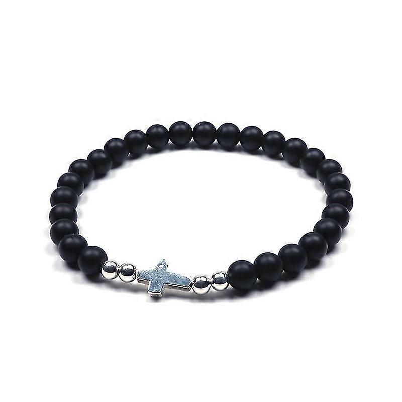 925 Sterling Silver Cross Natural Frosted Agate Versatile Minimal Bracelet