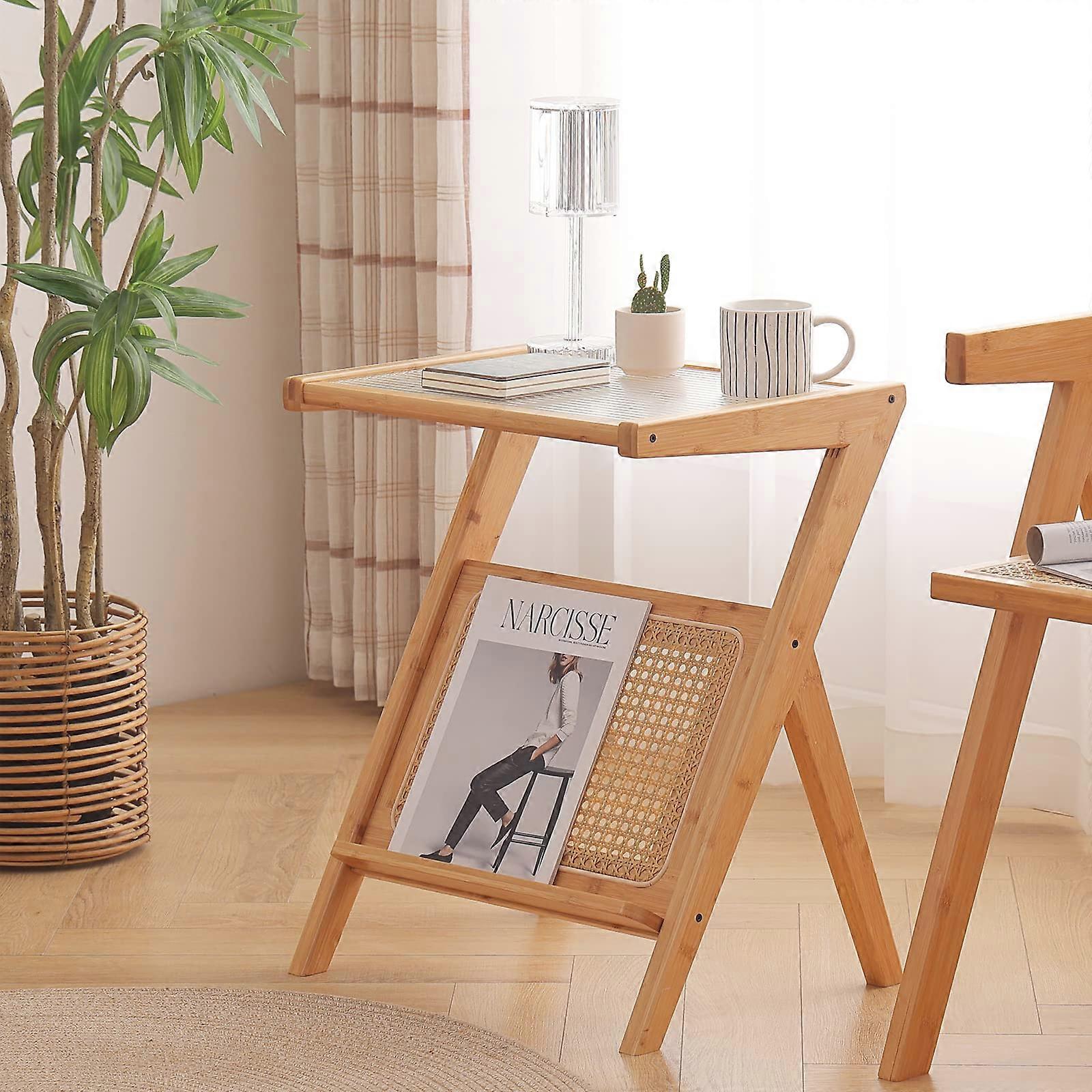 Rattan Side Table, Bamboo Vintage End Table, 14.4x19.7Inch Boho Nightstand Side Table
