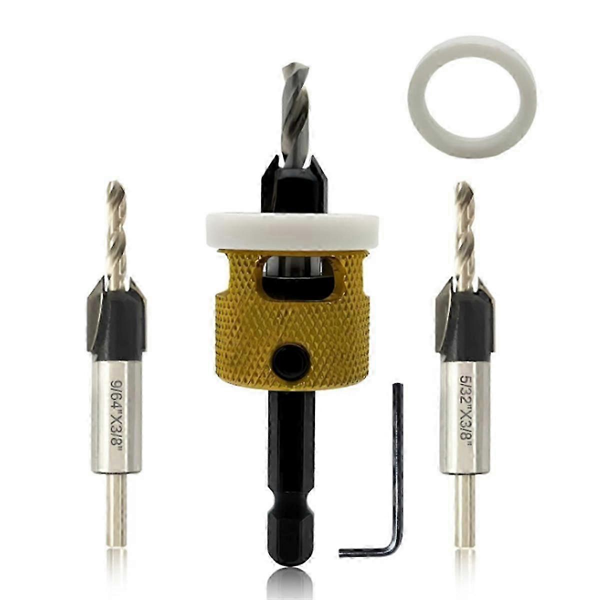 Hex Shank Countersink Drill Bit Set,1/8in 9/64in 5/32in Woodworking Countersink Drill Bits+Adjustable Bit Depth Stop