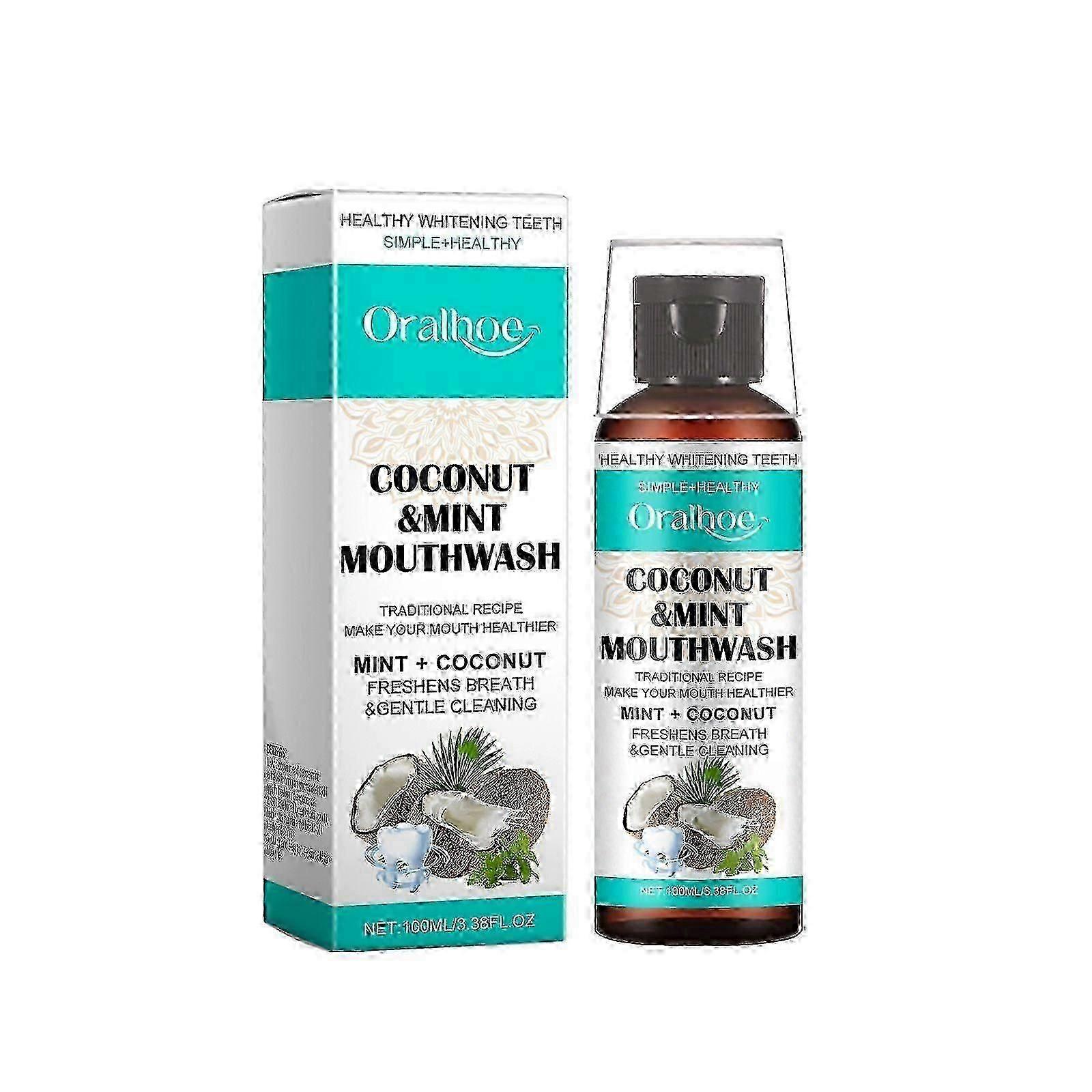 Bain de bouche à la noix de coco et à la menthe Enlevez les taches, rafraîchissez l’haleine et nettoyez les dents avec un bain de bouche de soin pratique