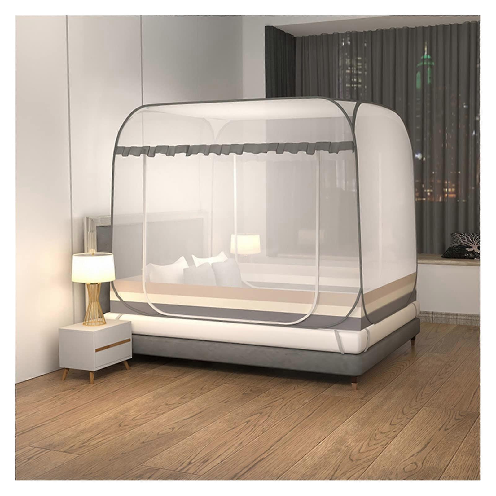 Mosquito Net Bed Canopy Portable Foldable Double-Door Camping Curtain Pop-Up Tent Net Stripe Grey 1.5x2.0m Bed