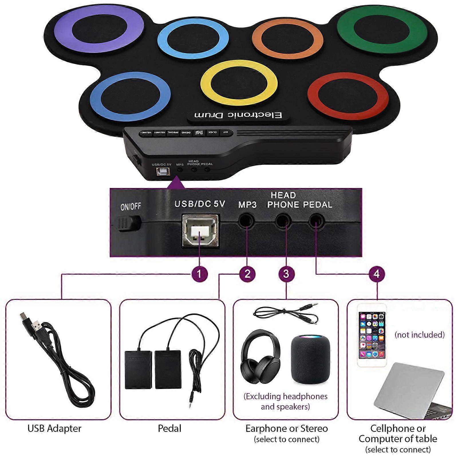Portable Electric Drum Set 7 Pads with Pedals, 43x29x3cm
