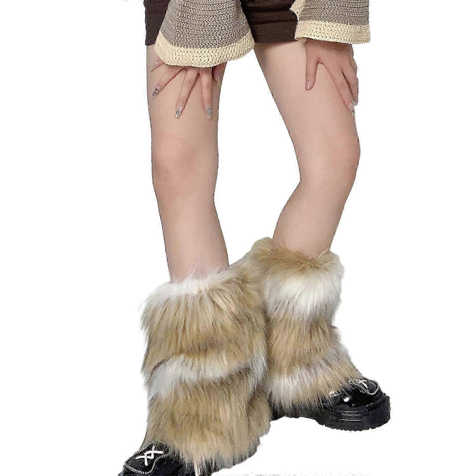 Fuzzy Faux Fur Leg Warmers for Boots - Y2K Style Heel Covers, Elastic Boot Cuffs, One Pair, JK Uniform Accessory