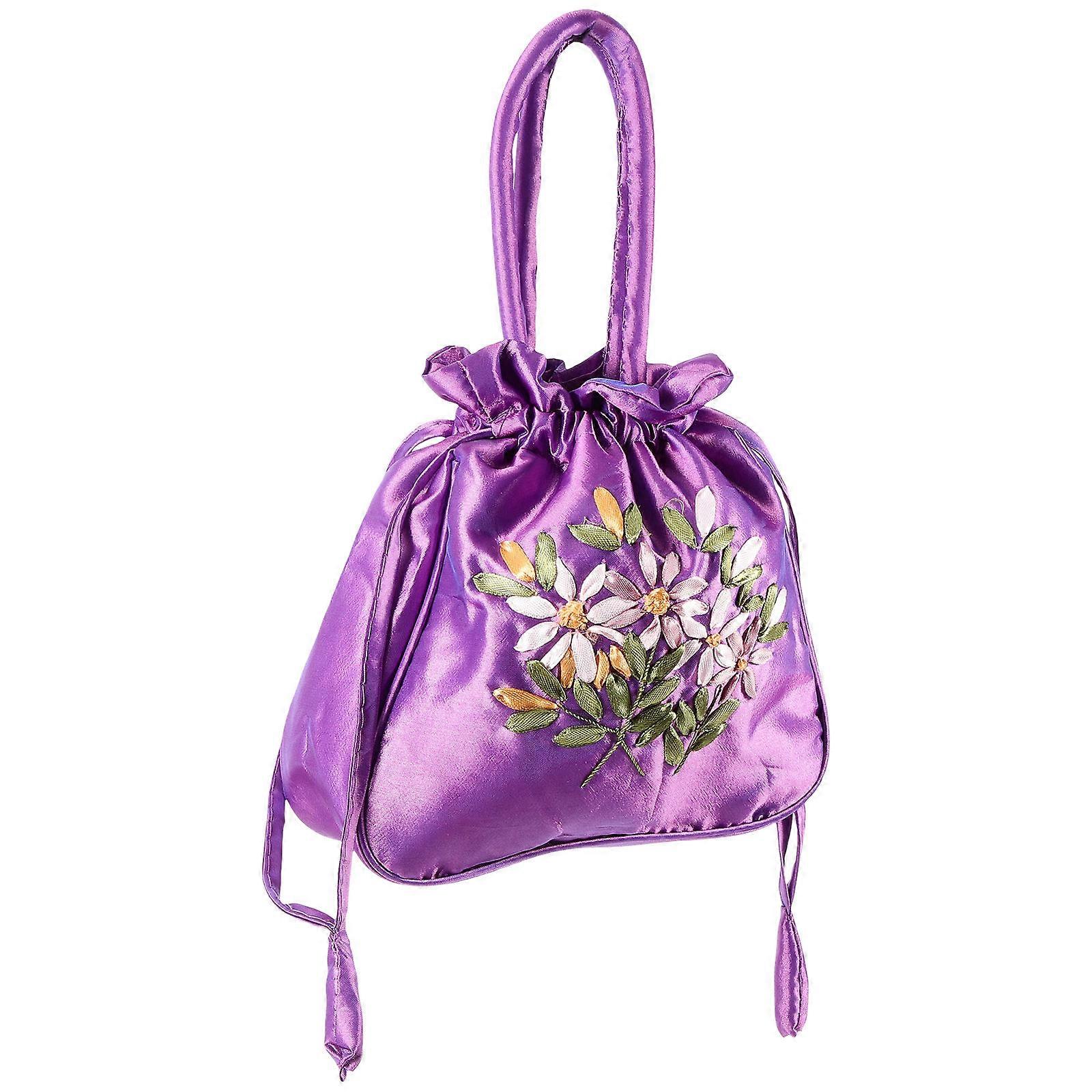 Hand Embroidered Bags Drawstring Shoulder Bag Women Small Drawstring Handbag Silk Storage 8.7X8.7X0.4in 1Pack