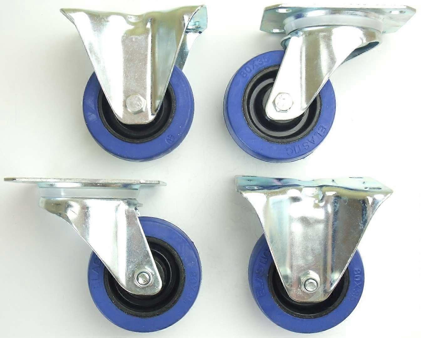80 mm Blue Castor Wheels Set - 140 kg Load Capacity, Industrial Quality, 2 Steering & 2 Fixed Castors for Heavy-Duty Use