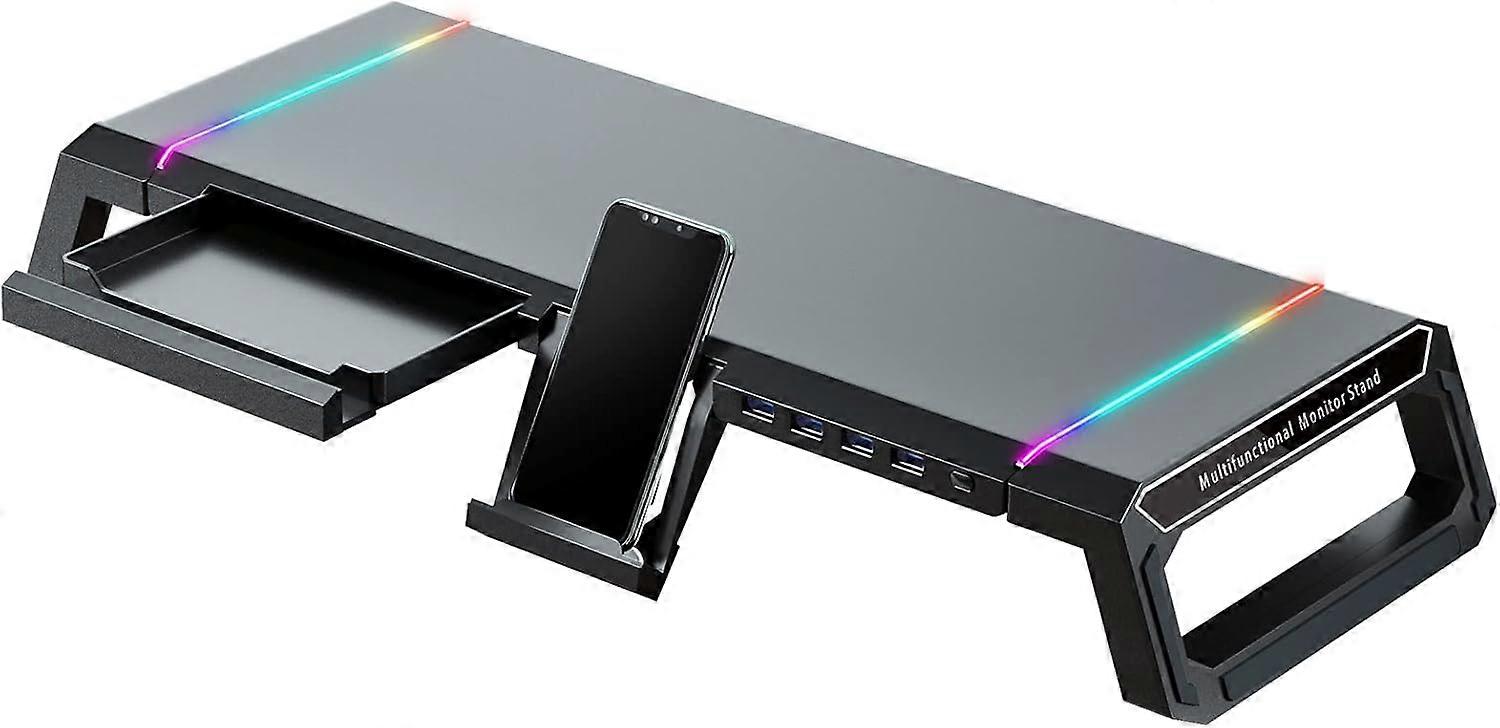 Support de moniteur de jeu RVB - 4 concentrateurs USB 3.0, 3 colonnes montantes de moniteur réglables en longueur avec tiroir, rangement et