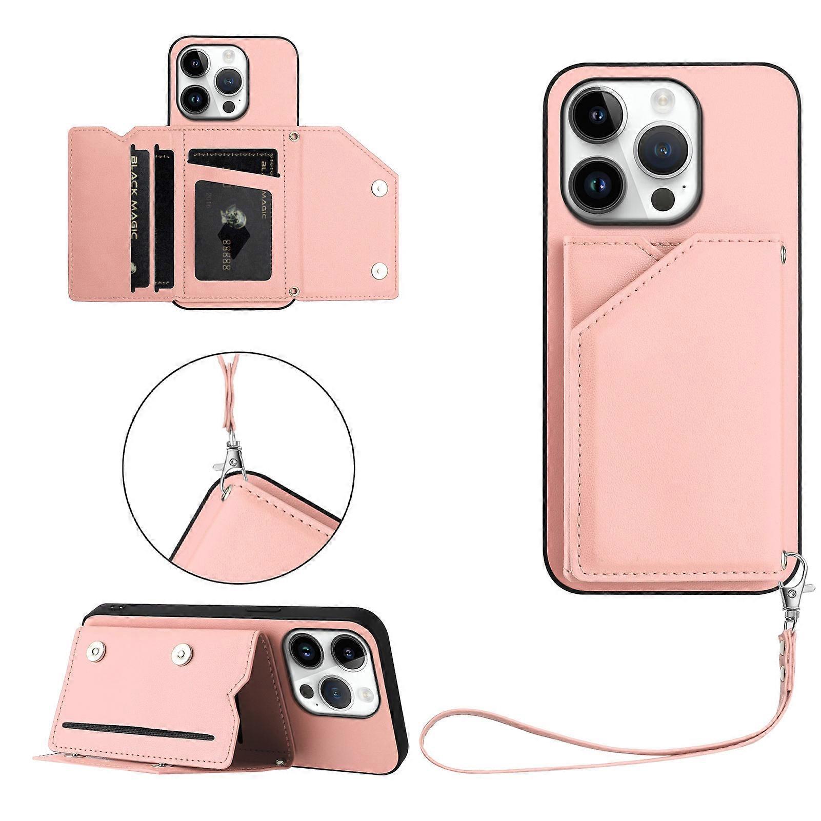 غطاء حافظات لهاتف iPhone 16 Pro حامل بطاقة مسند غطاء هاتف يعمل بلمس الجلد مع حزام معصم - وردي