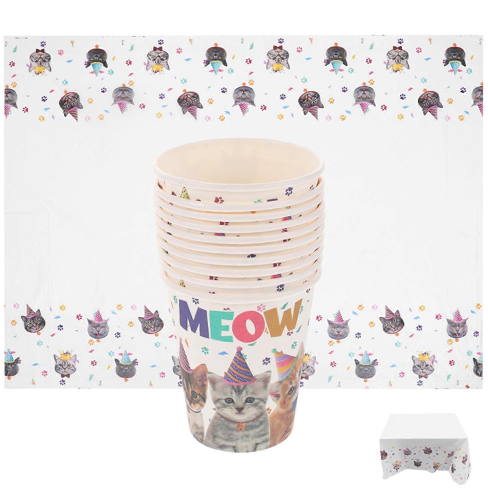 Cat Birthday Party Supplies Paper Cups and Tablecloth for Cat Themed Decorations and Celebrations