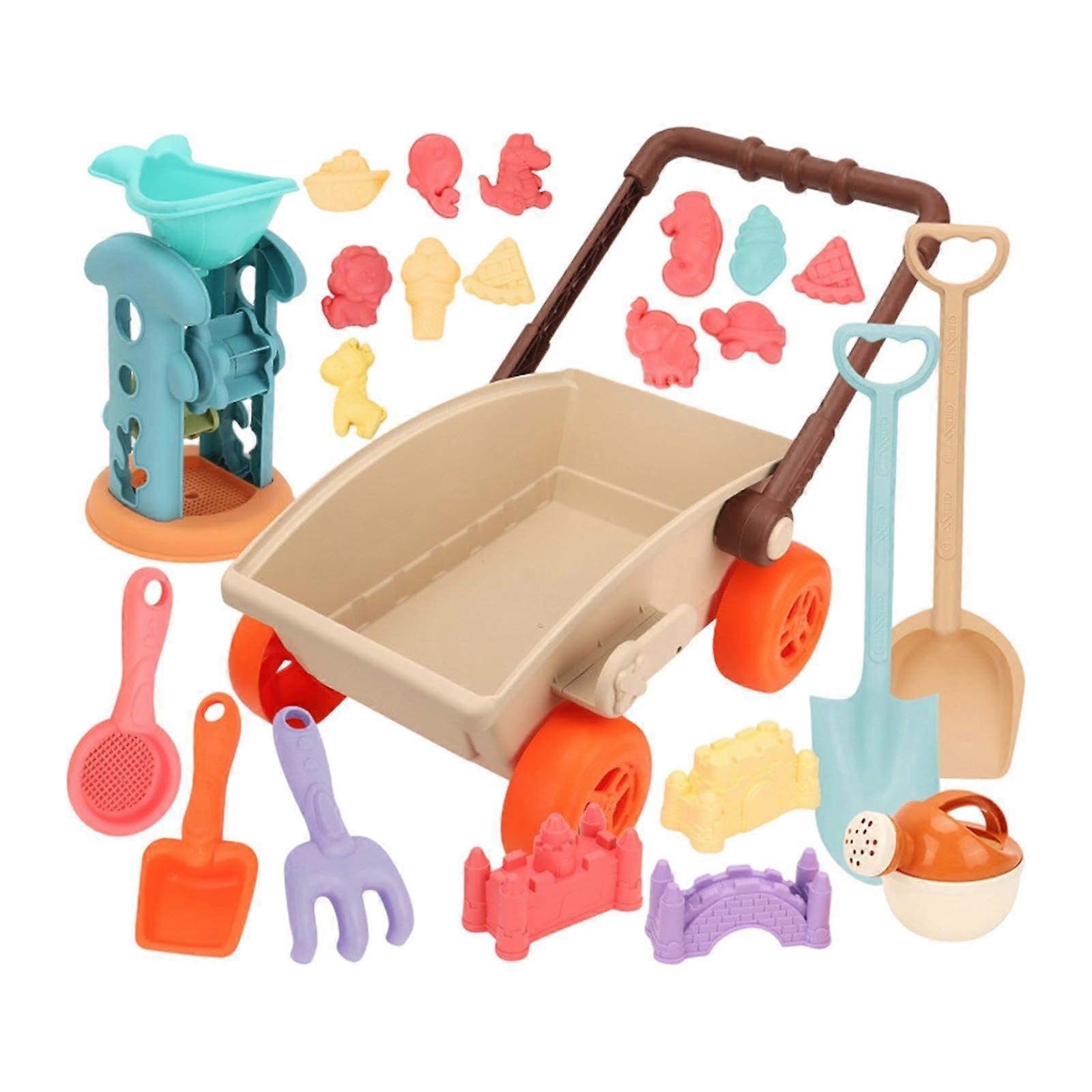 Sand Toy Trolley Car Set For Kids With Shovels, Digging Tools, Pretend Park Play, Plastic, Compact Multicolor