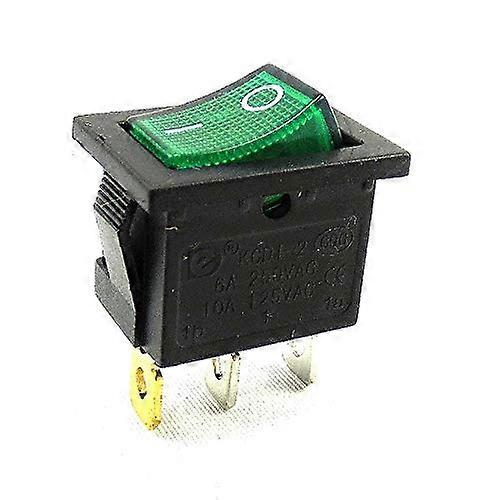 Rocker Switch 19 x 13 mm, 6 A, 250 V 3 Pin, Green Rocker Illuminated, Black (1)