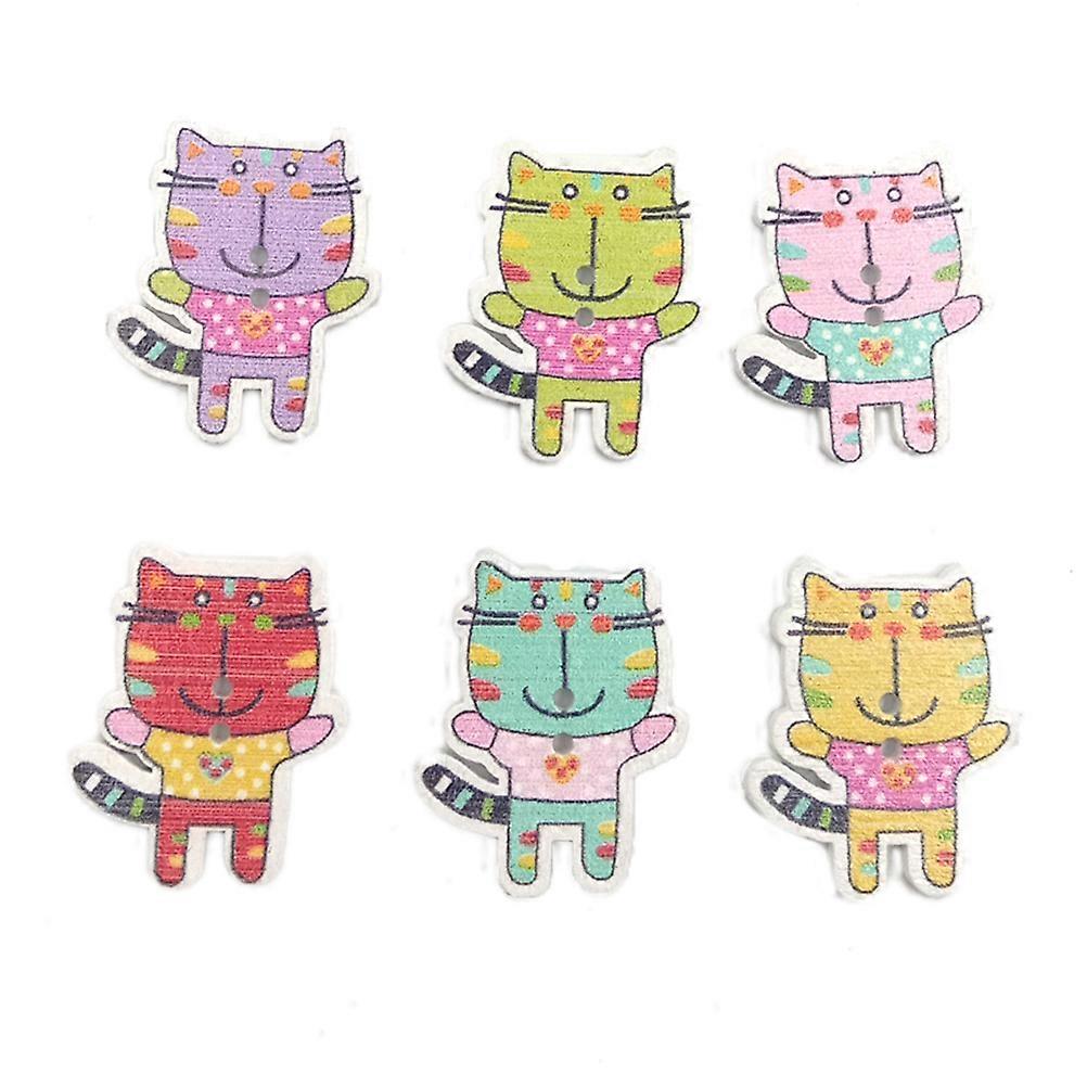 50PC 2 Holes Wooden Buttons Environmental Log Single Painted DIY Cartoon Hug Cat Press Studs Snaps