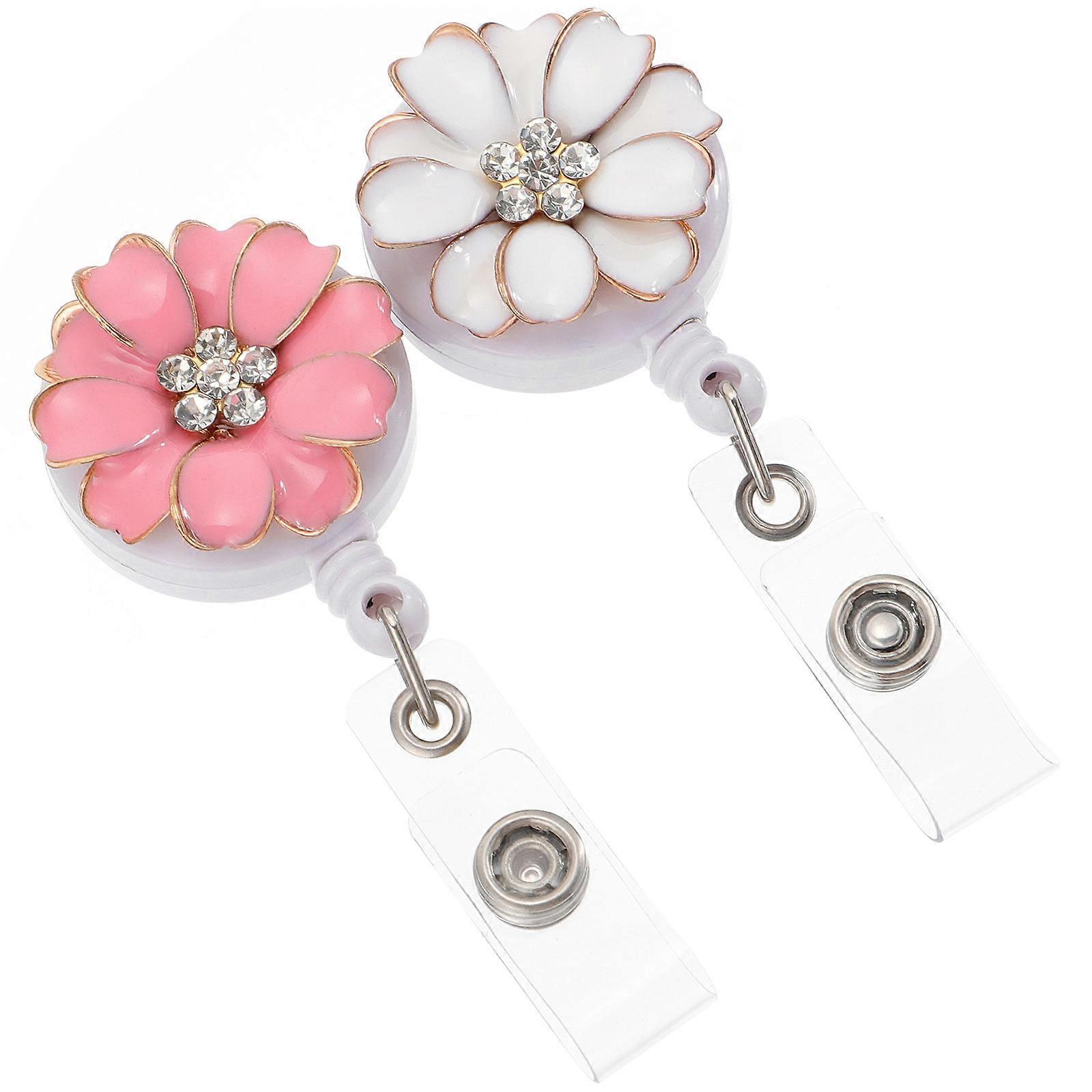 Cute Flower Rhinestone Badge Holder ID Holder Retractable Clip For Supervisors And Students Assorted Color Key Holder 2Pack