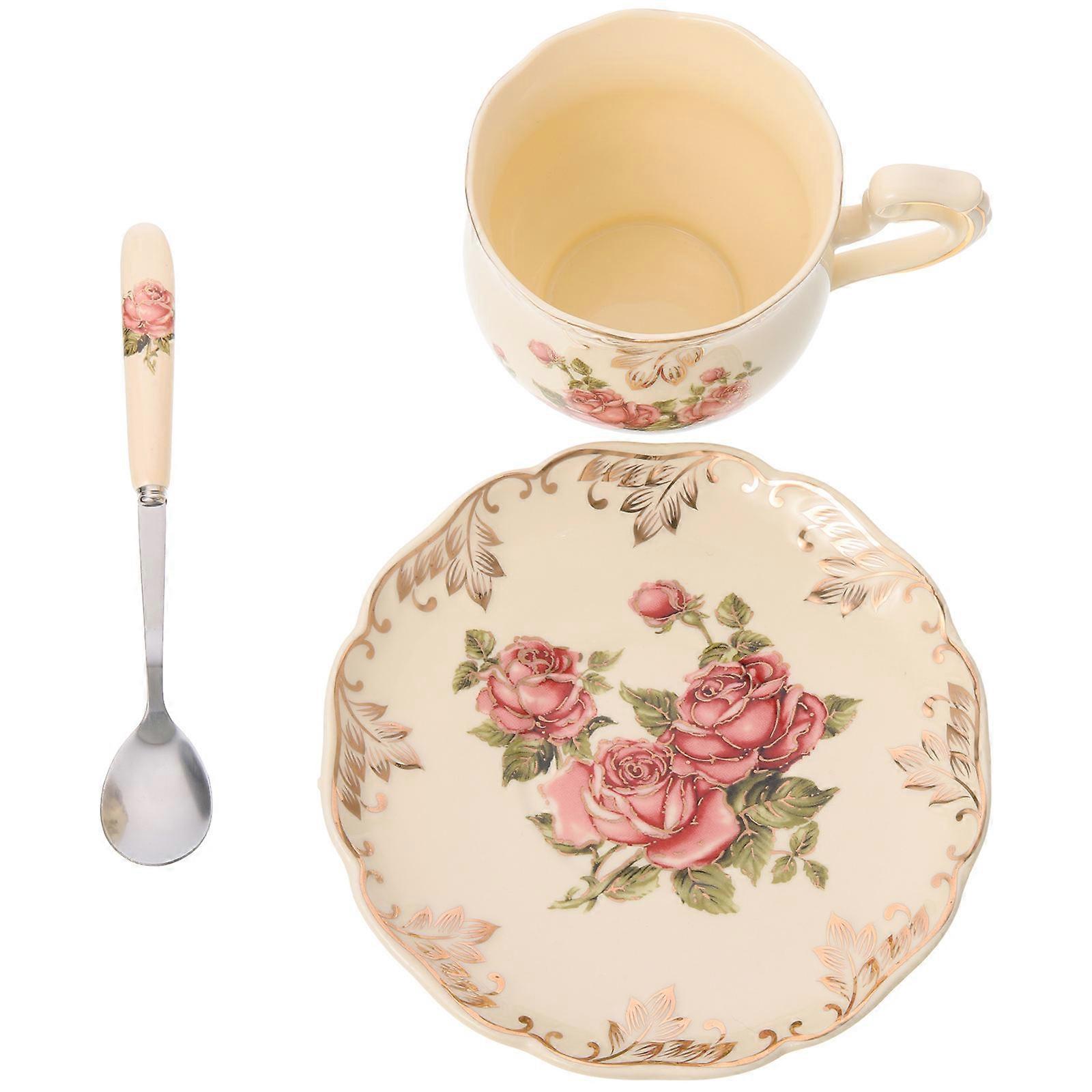 Drinking Cup Set With Saucer And Spoon For Party Decoration Classic Retro Theme 12X8.2X7.7CM Storage 1 Set