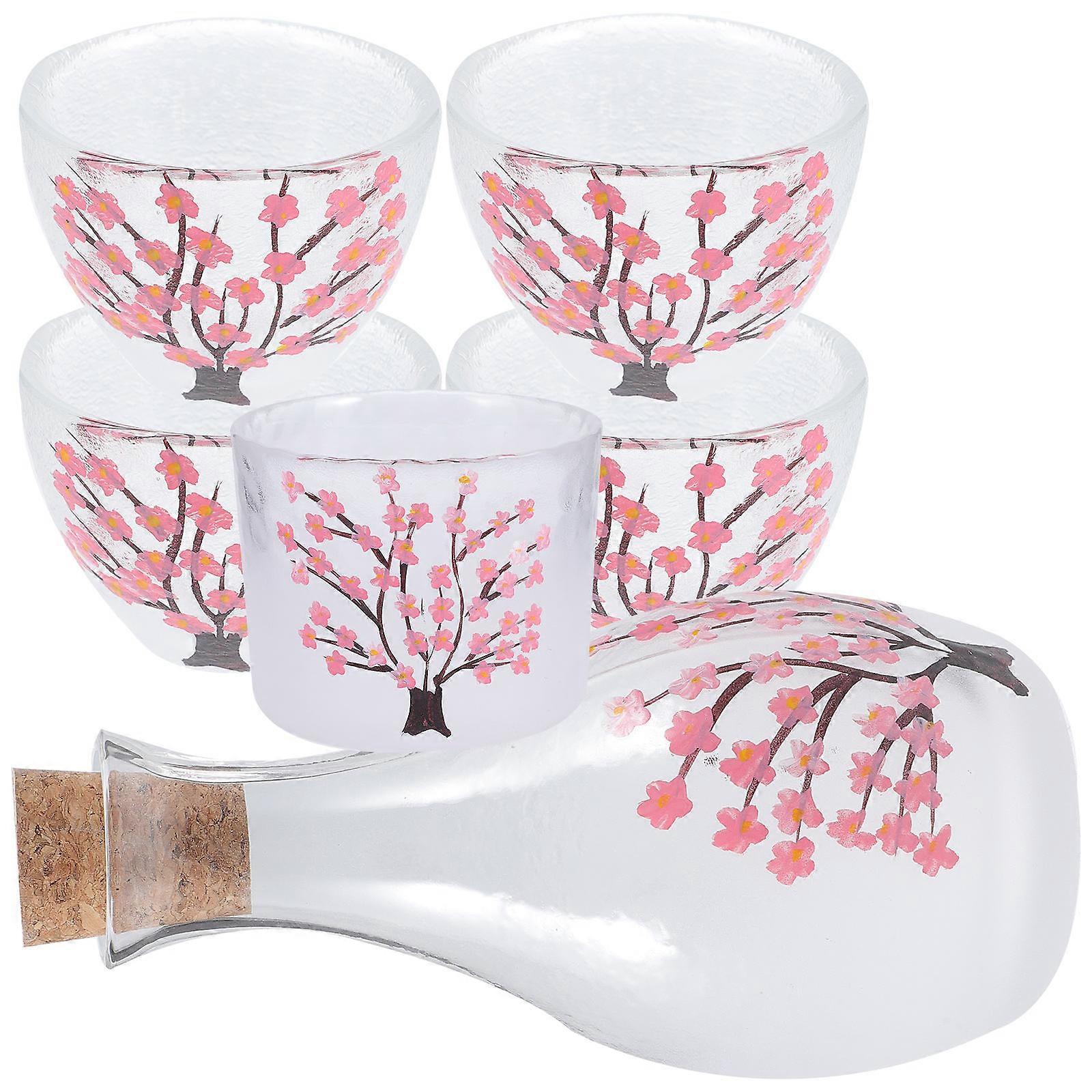 Elegant Japanese Sake Set With Cherry Blossoms Design For Home Use Warming Sake Includes 1 Set Of Glass And Wooden Items