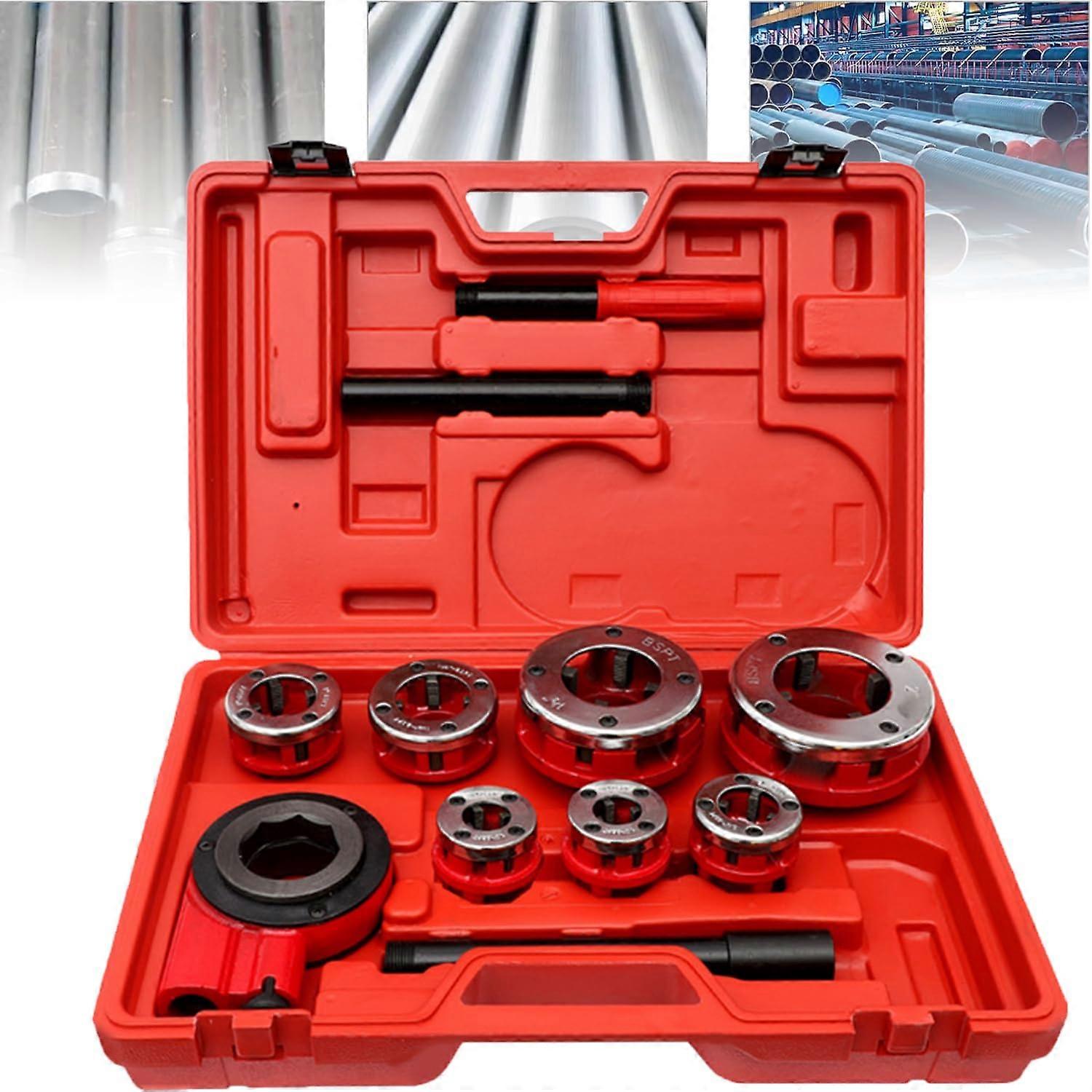Ratchet pipe thread cutter set with 7 dies, 3/8' to 2', ratchet handle.